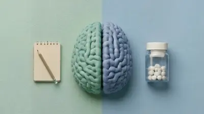 Brain model beside a notebook and pen, symbolizing mental analysis and diagnosis