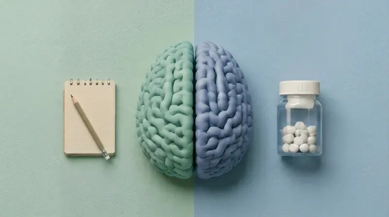 Brain model beside a notebook and pen, symbolizing mental analysis and diagnosis