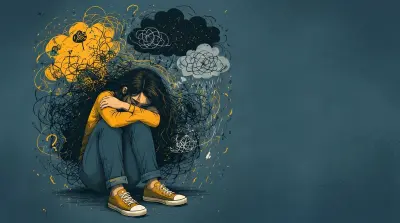 Person curled up, surrounded by chaotic scribbles and storm-like thoughts closing in