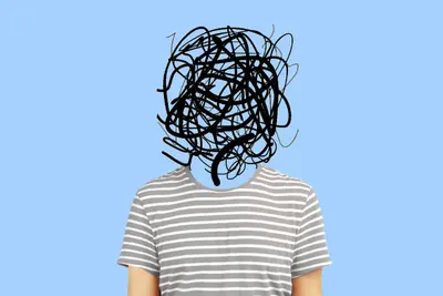Person in a striped shirt with their head obscured by tangled black lines