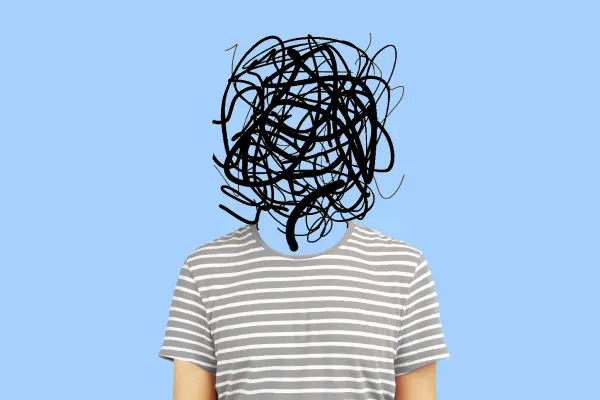 Person in a striped shirt with their head obscured by tangled black lines