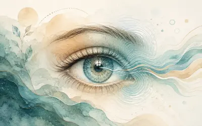stylized eye figure with gentle wave-like ray flowing through it