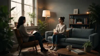 Two women in a calm, cozy therapy session, seated across from each other in soft natural light.