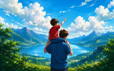 a child sitting on his father's shoulder admiring nature