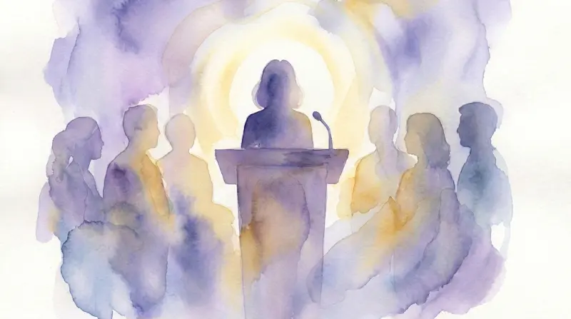 woman standing on a podium giving a presentation while clearly having social anxiety