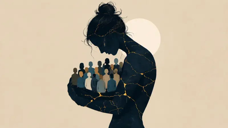 Woman cradling a crowd while golden cracks spread through her silhouette, symbolizing self-sacrifice.