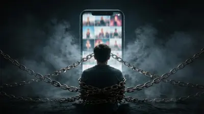 "Person chained before a glowing screen, symbolizing compulsive digital reward seeking."