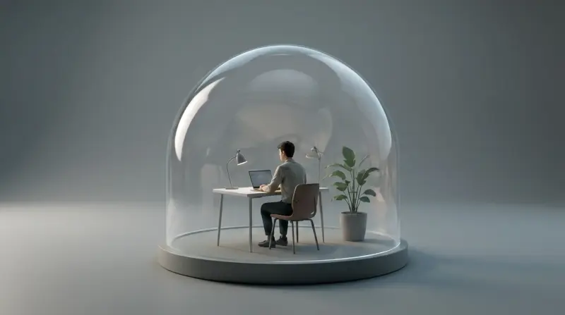 Focused professional working beneath a transparent dome, symbolizing healthy digital boundaries.