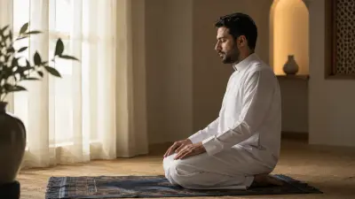 Calm man in white thobe praying on rug in soft morning light, peaceful minimalist room