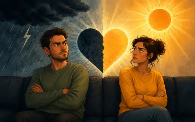 Two people sitting together one animated and the other lovingly exasperated in warm lamplight
