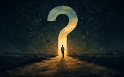 Person standing at the edge of a misty path with a huge question mark in front of him