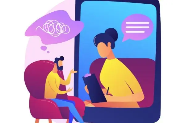 Stylized drawing of a seated person speaking to someone on a large screen