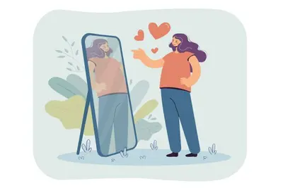Person points at their reflection in a full-length mirror as hearts float overhead